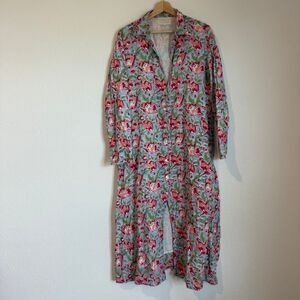 Hibiscus Linens Floral Long Sleeve Button Up Midi Shirt Dress Women's Size Large